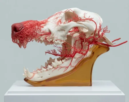A high-detail anatomical model of a canine skull mounted on a transparent amber pedestal. The model features a complex, 3D vascular corrosion cast in vibrant red, illustrating the dense network of blood vessels.