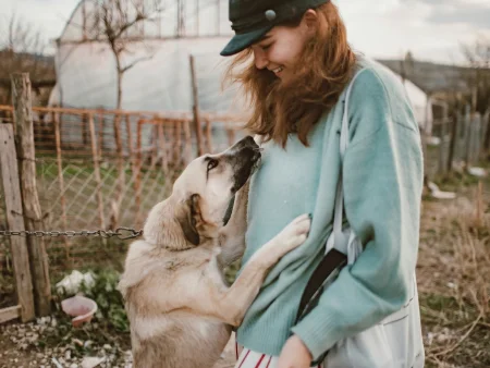 A young woman in a teal sweater and cap smiling at a light-colored dog jumping up to greet her in a rustic outdoor setting.
