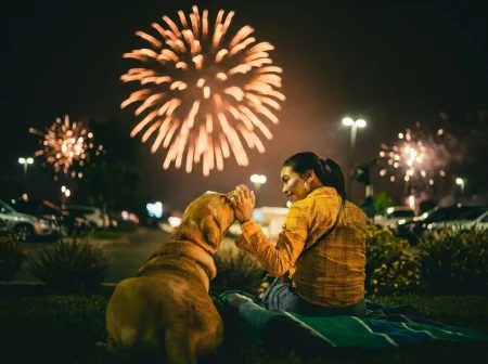 Woman and dog sit on a blanket under a night sky, watching a large orange firework burst.
