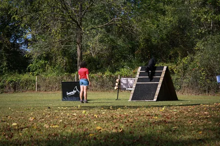 Dog retrieving a dumbbell over A-frame